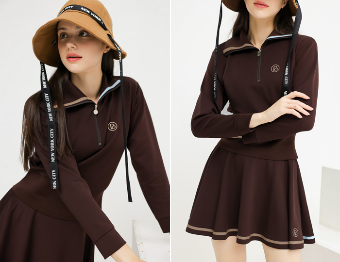 <b>[Purdy GOLF/SET] Logline half-zip-up long-sleeve skirt set [Brown+Brown]</b>
