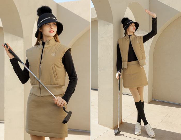 <b>[Purdy GOLF/SET] Casio Padding Vest Skirt Set [Beige+Beige]</b>