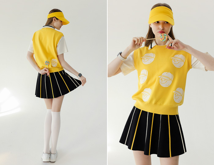 <b>[Purdy GOLF/SET] Soft knit collar vest + skirt set [Yellow+Yellow]</b>