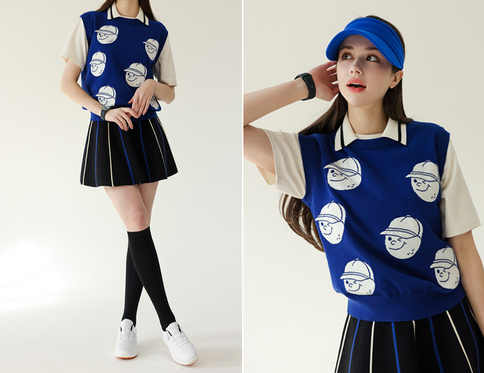 <b>[Purdy GOLF/SET] Soft knit collar vest + skirt set [Blue+Blue]</b>