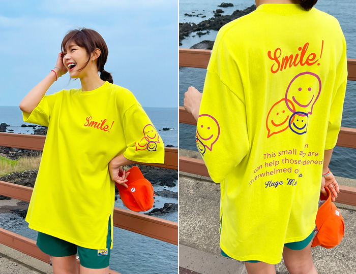 <b>Smiley Box Slit Long Short T shirts</b>