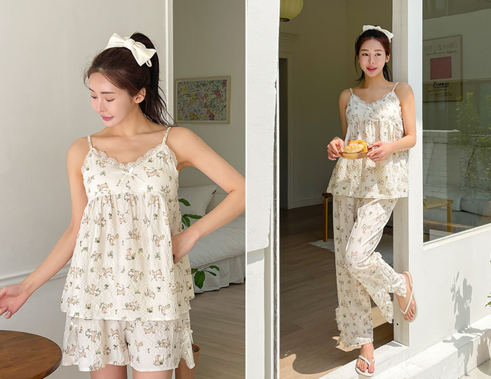 <b>[SET] Ribbon lace seersucker Sleeveless shirts 3pcs pajama set</b>