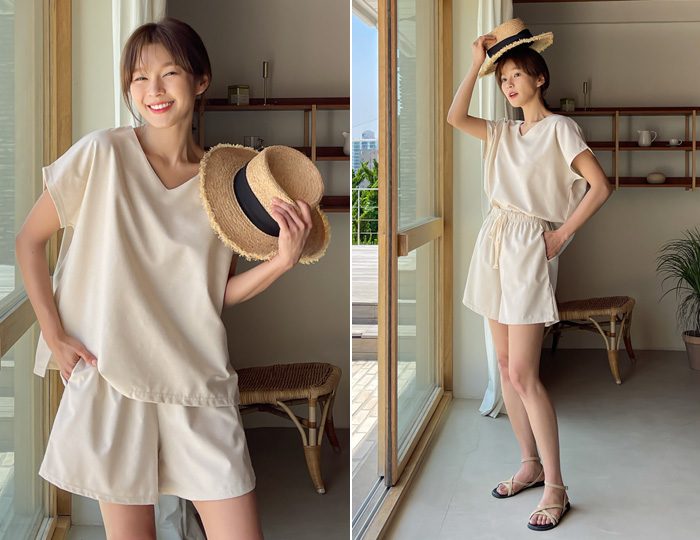 <b>[SET] Simple Cap Sleeve Linen 3.5 Pants Set</b>