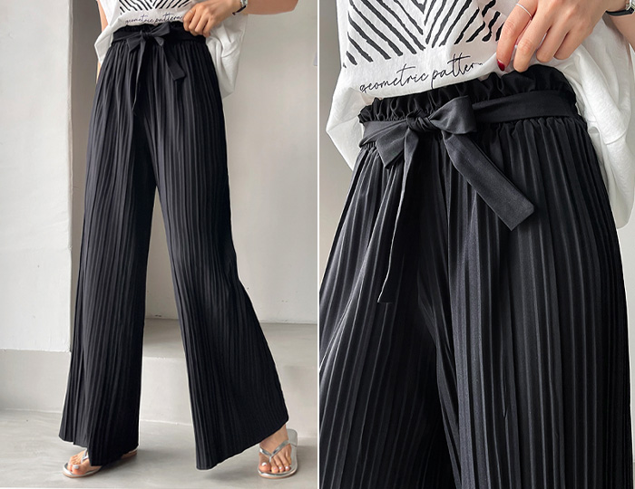 <b>Highly praised fit! Pleats wide banding pants</b>