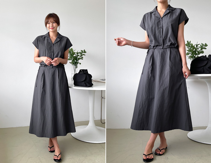 <b>[SET] Matt Ribbon Cool Washer Cap Sleeve Skirt Set</b>